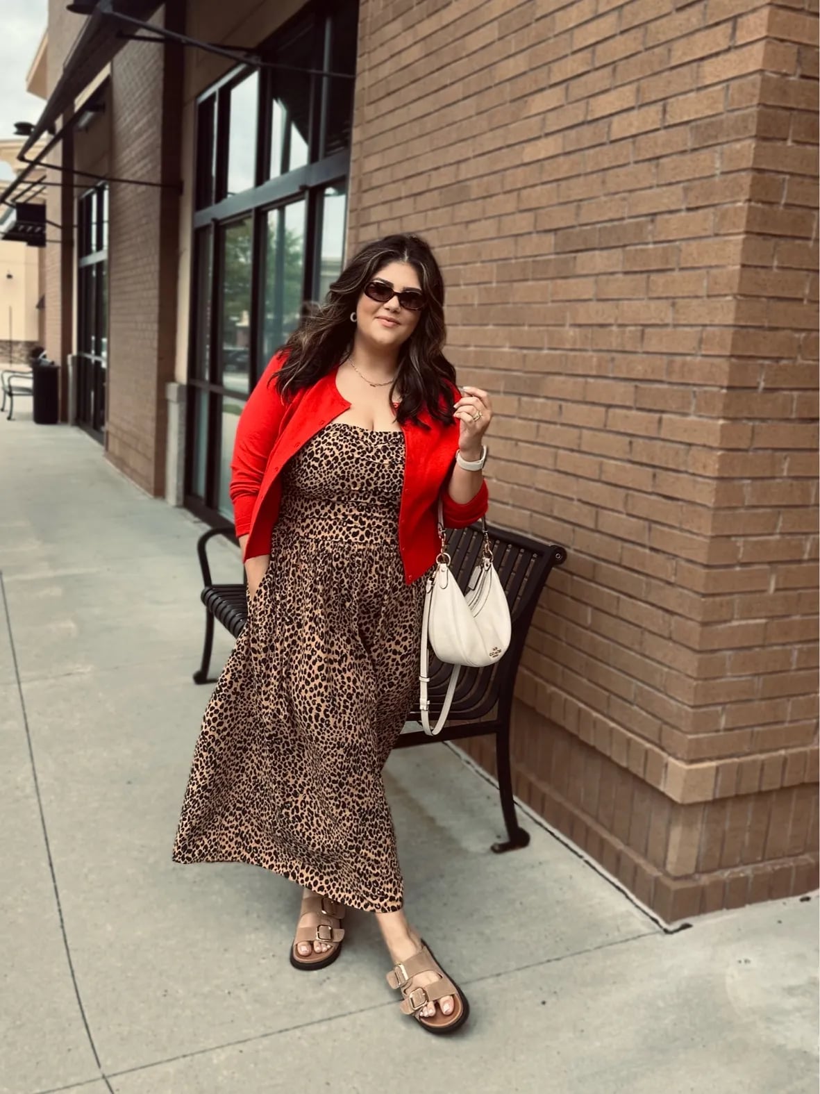 Red Cardigan Over Leopard Maxi Dress — Red Cardigan Outfit