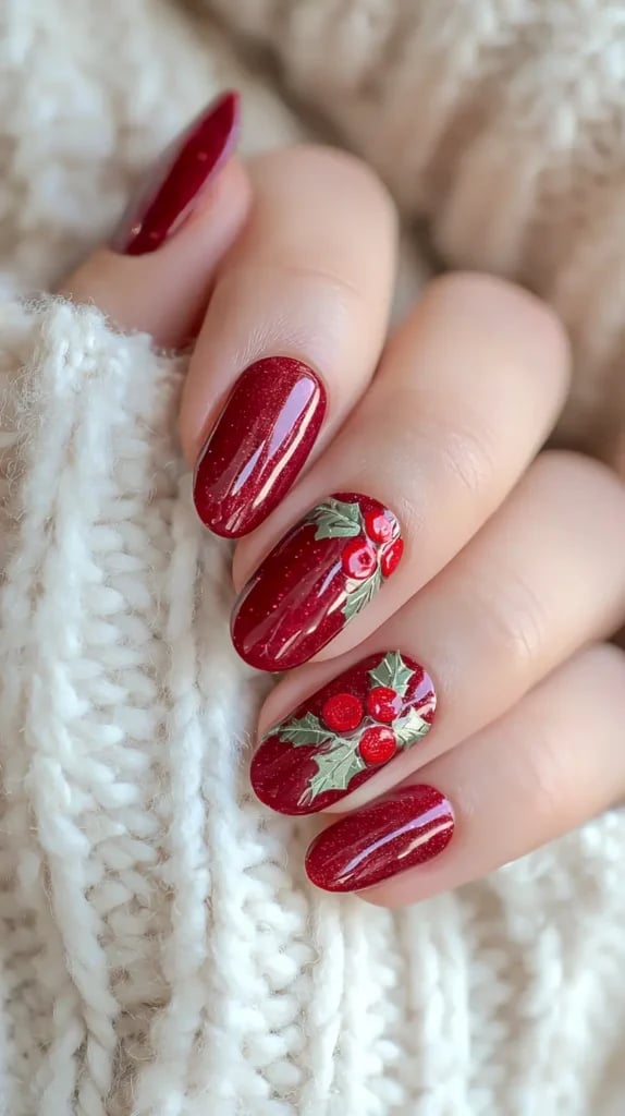 Shimmering Deep Red Holly Berry Nails Shimmering Deep Red Holly Berry Nails — Red Christmas Nails Designs