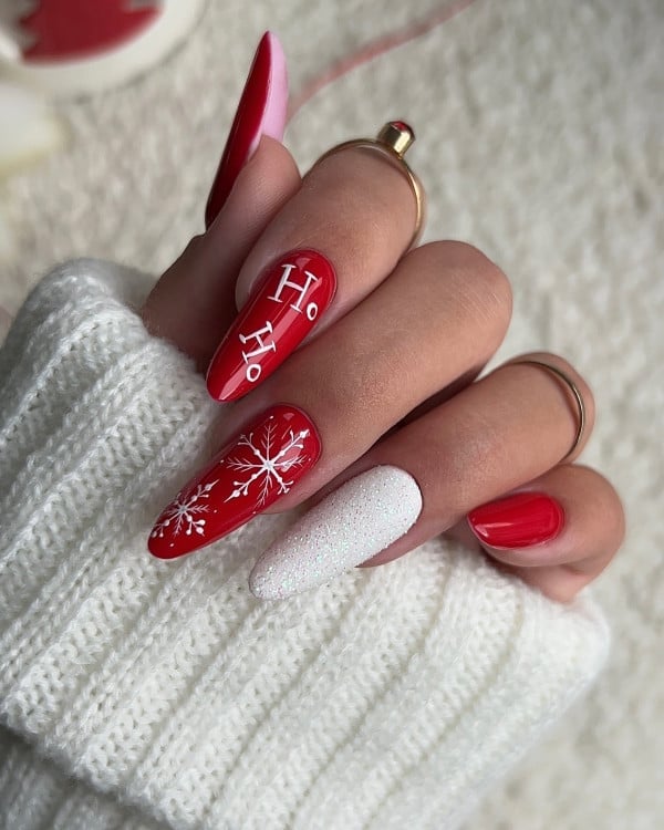 Short Square Red Glitter Nails with Snowflake Short Square Red Glitter Nails with Snowflake — Red Christmas Nails Designs