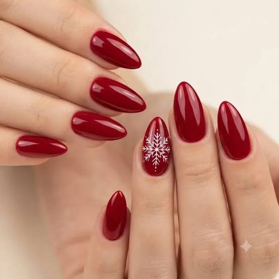 Medium Almond Deep Red Snowflake Nails Medium Almond Deep Red Snowflake Nails — Red Christmas Nails Designs
