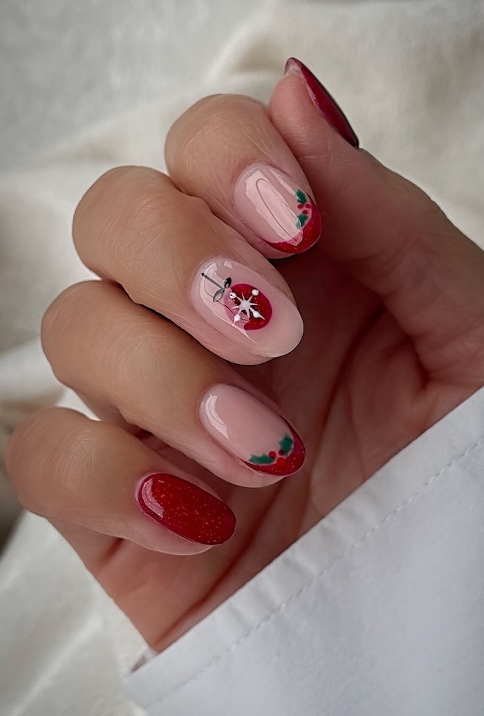 Short Almond Red French Tip Ornament Nails Short Almond Red French Tip Ornament Nails — Red Christmas Nails Designs