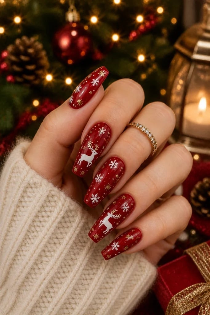 Deep Red Coffin Nails with Reindeer Decals Deep Red Coffin Nails with Reindeer Decals — Red Christmas Nails Designs