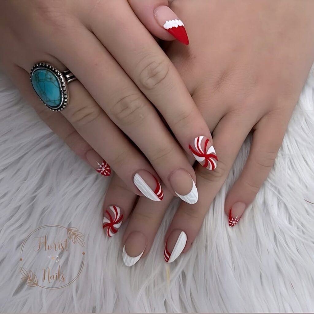 Medium Almond Red White Candy Cane Nails Medium Almond Red White Candy Cane Nails — Red Christmas Nails Designs