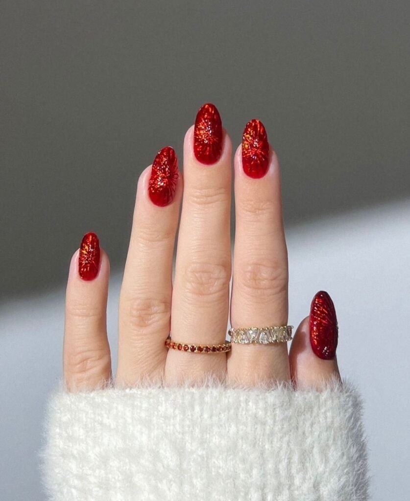 Medium Almond Deep Red Glitter Accent Nails Medium Almond Deep Red Glitter Accent Nails — Red Christmas Nails Designs