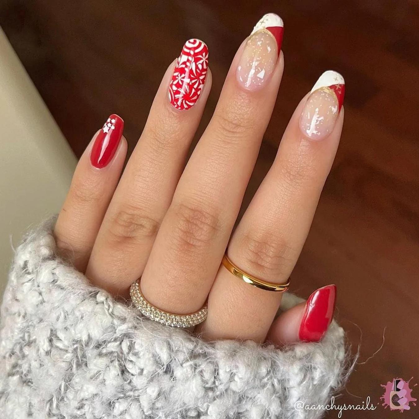 Medium Almond Red White Snowflake French Medium Almond Red White Snowflake French — Red Christmas Nails Designs