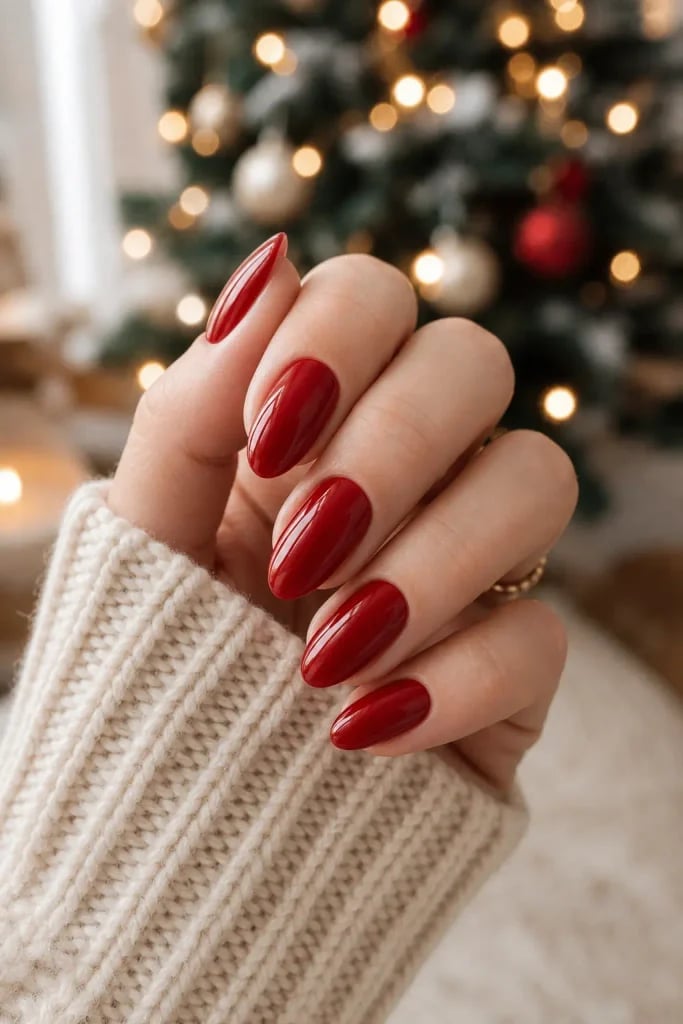 Medium Oval Deep Red Glossy Nails Medium Oval Deep Red Glossy Nails — Red Christmas Nails Designs