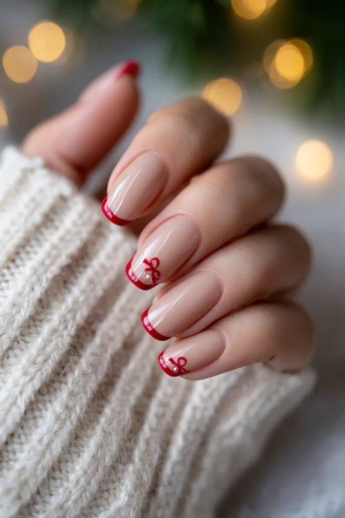 Short Oval Red French Tip Nails with Bow Short Oval Red French Tip Nails with Bow — Red Christmas Nails Designs