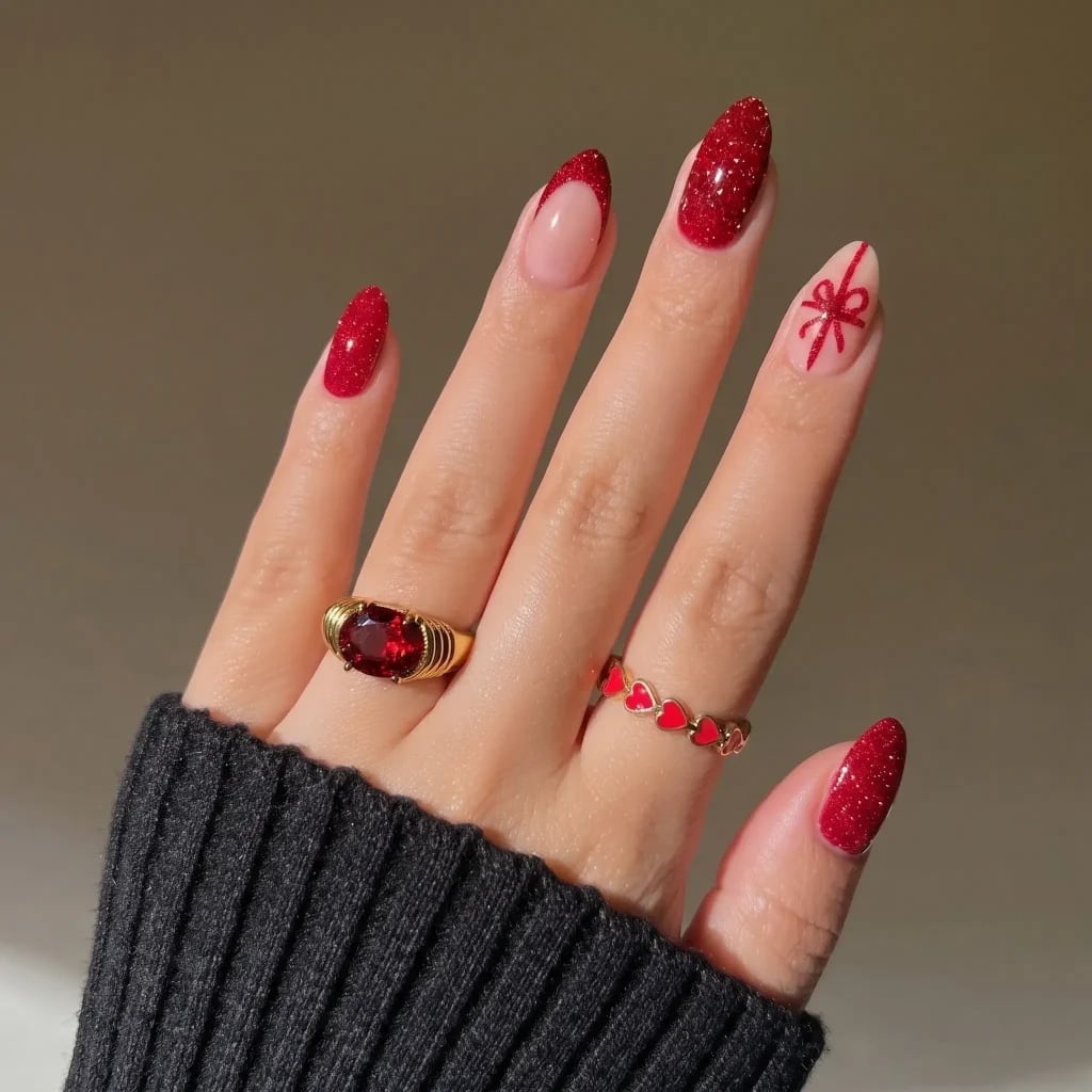 Medium Almond Red Glitter French Nails Medium Almond Red Glitter French Nails — Red Christmas Nails Designs