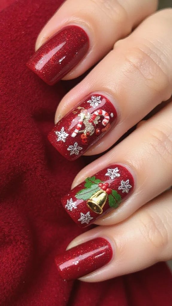 Sparkling Red Square Nails with 3D Bell Sparkling Red Square Nails with 3D Bell — Red Christmas Nails Designs