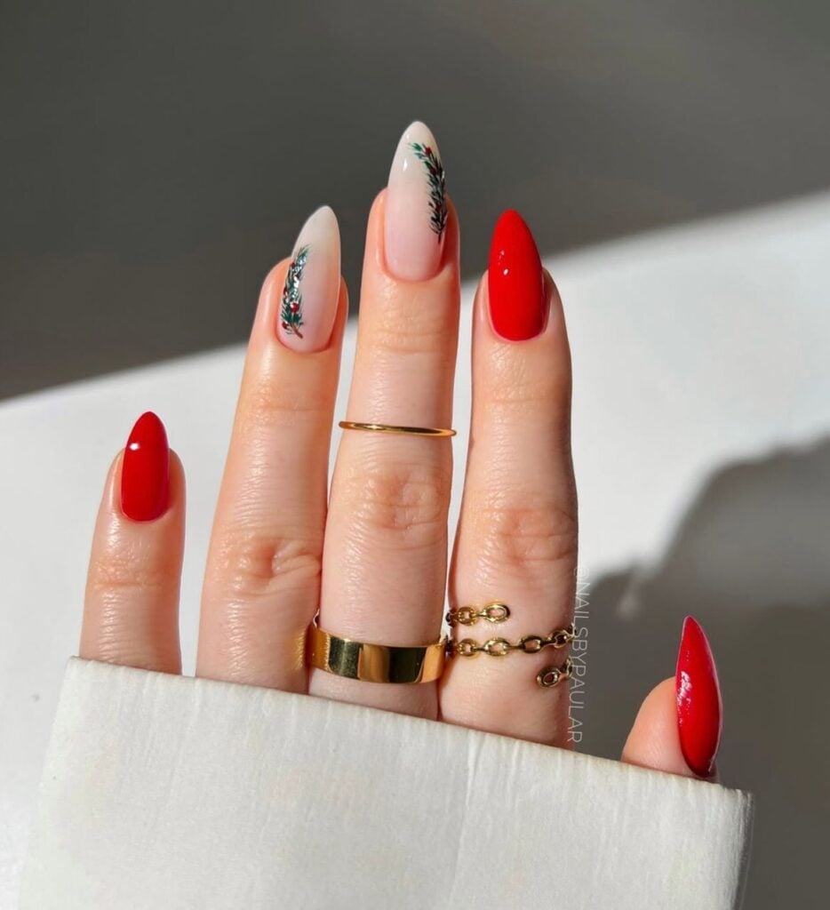 Medium Almond Red and Green Pine Sprig Nails Medium Almond Red and Green Pine Sprig Nails — Red Christmas Nails Designs