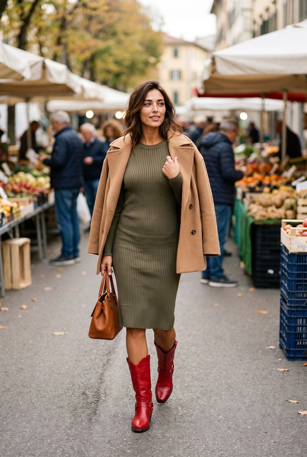 Red Cowboy Boots With Olive Knit Dress and Camel Coat — Red Cowboy Boots Outfit