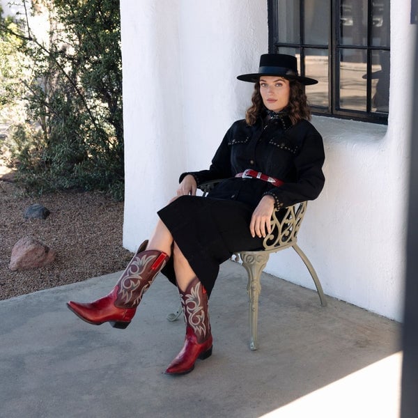 Red Cowboy Boots With Denim Shirt and Midi Skirt — Red Cowboy Boots Outfit