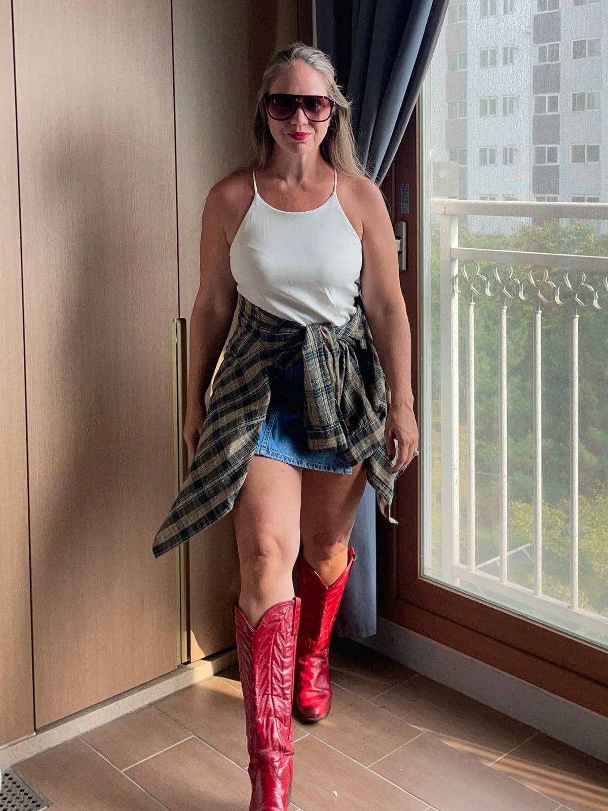 Red Cowboy Boots With Tank Top and Plaid Shirt — Red Cowboy Boots Outfit
