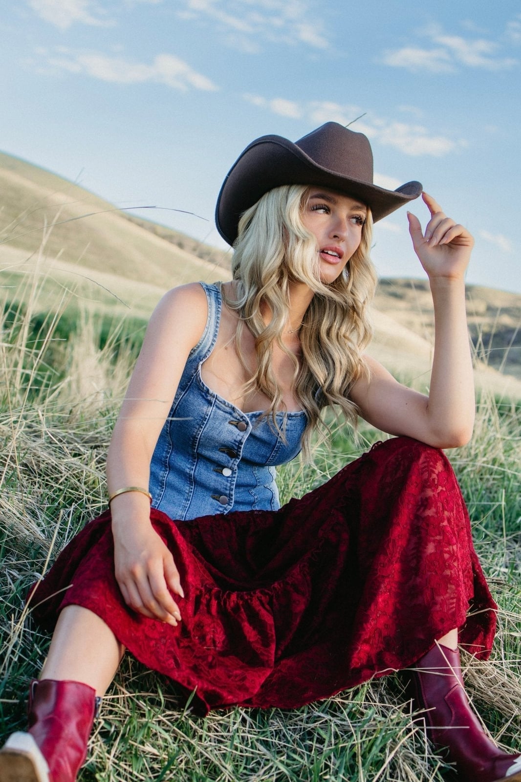 Red Cowboy Boots With Corset Top and Lace Maxi Skirt — Red Cowboy Boots Outfit