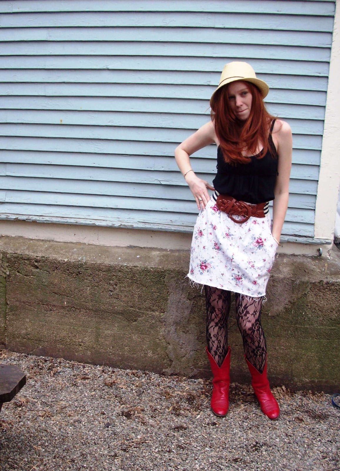 Red Cowboy Boots With Tank Top and Floral Skirt — Red Cowboy Boots Outfit