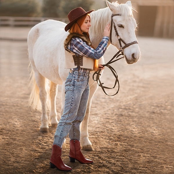 Red Cowboy Boots With Gingham Dress and Denim Jacket — Red Cowboy Boots Outfit