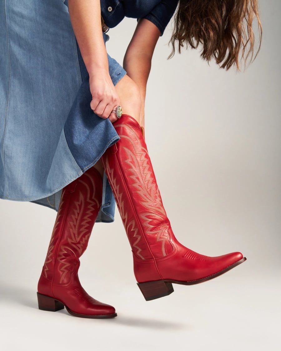 Red Cowboy Boots With Denim Dress — Red Cowboy Boots Outfit