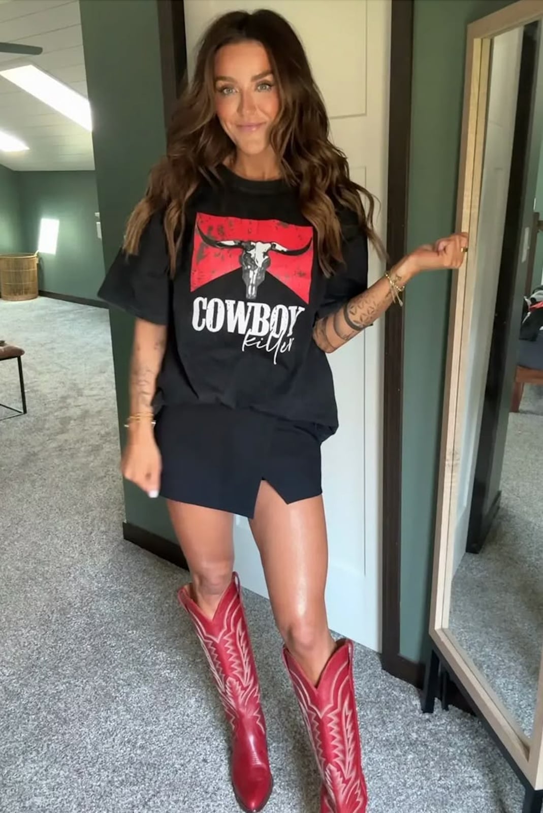 Red Cowboy Boots With Graphic Tee and Mini Skirt and Oversized T-Shirt — Red Cowboy Boots Outfit
