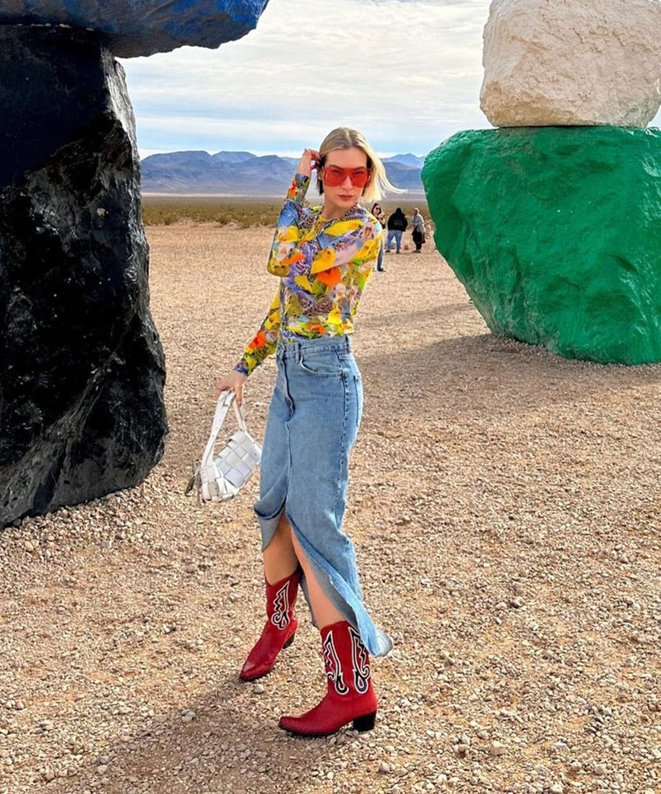 Red Cowboy Boots With Printed Top and Denim Maxi Skirt — Red Cowboy Boots Outfit