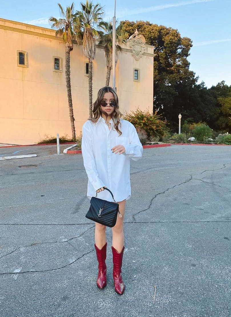 Red Cowboy Boots With Oversized Shirt Dress — Red Cowboy Boots Outfit