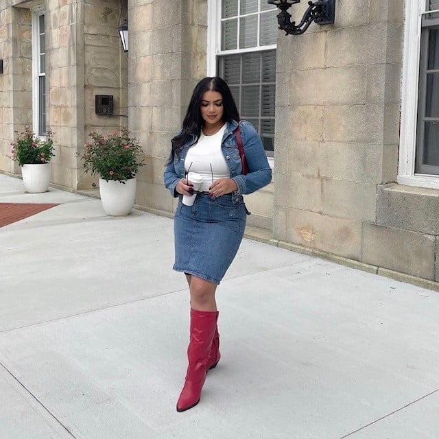 Red Cowboy Boots With Denim Jacket and Skirt — Red Cowboy Boots Outfit