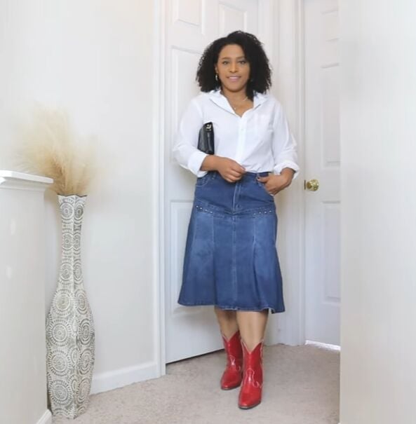 Red Cowboy Boots With Button-Down Shirt and Denim Midi Skirt — Red Cowboy Boots Outfit