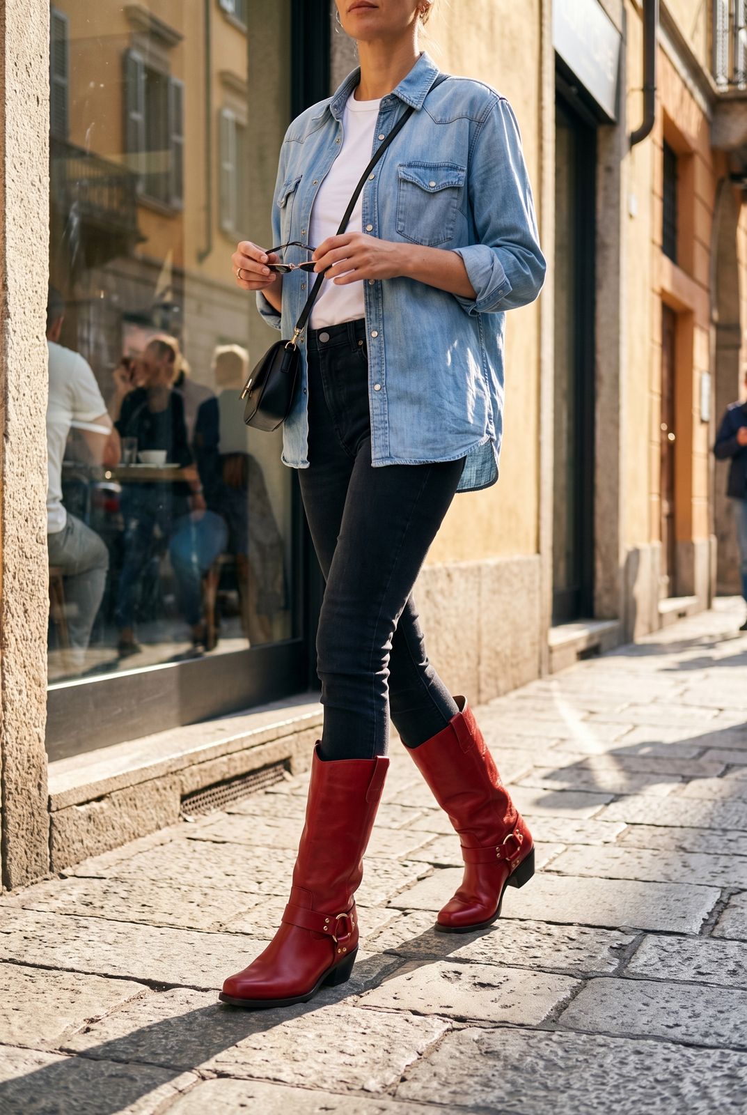 Red Cowboy Boots With Skinny Jeans and Oversized Shirt — Red Cowboy Boots Outfit