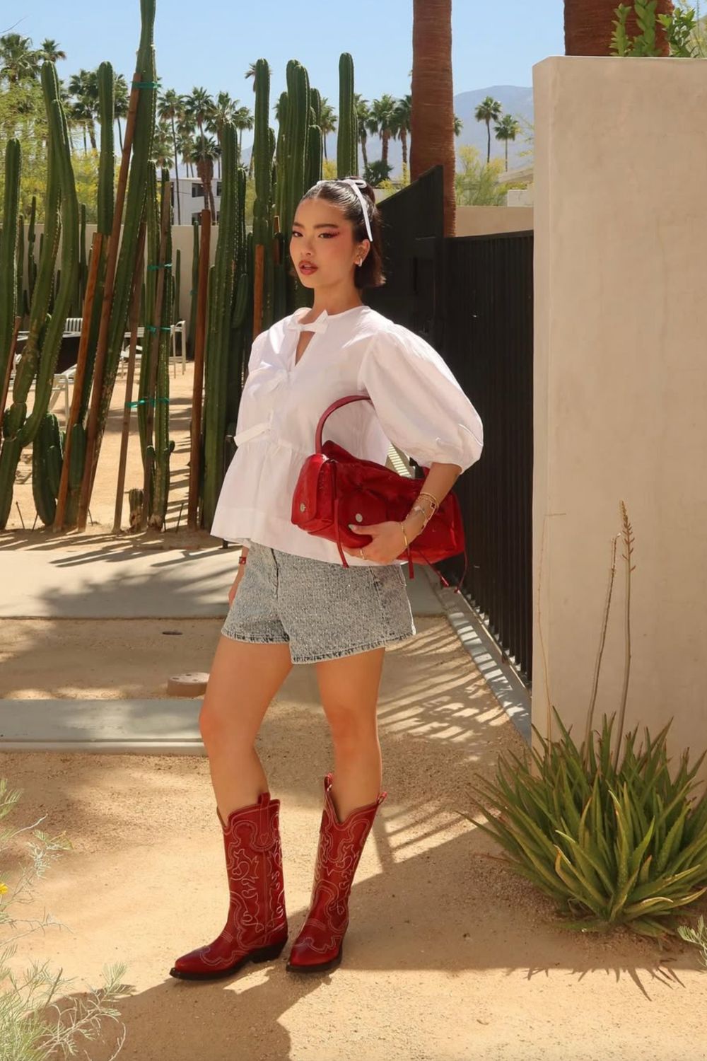 Red Cowboy Boots With Puff-Sleeve Blouse and Denim Shorts — Red Cowboy Boots Outfit