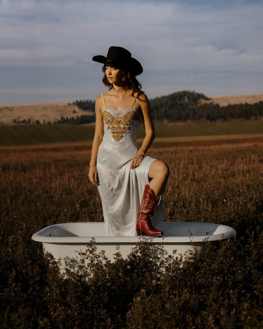 Red Cowboy Boots With Silver Slip Dress and Cowboy Hat — Red Cowboy Boots Outfit