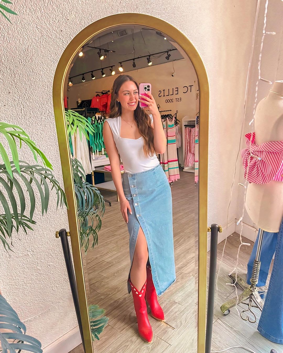 Red Cowboy Boots With Sleeveless Top and Denim Skirt — Red Cowboy Boots Outfit