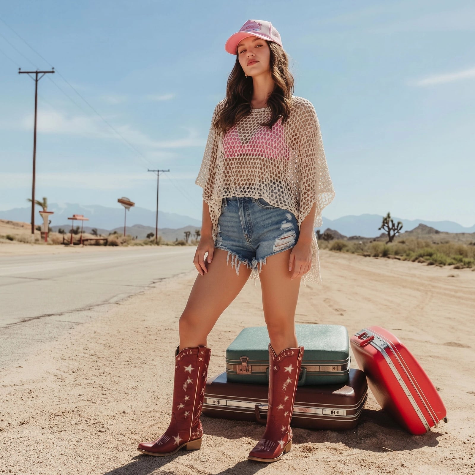 Red Cowboy Boots With Bikini Top and Mesh Overlay — Red Cowboy Boots Outfit