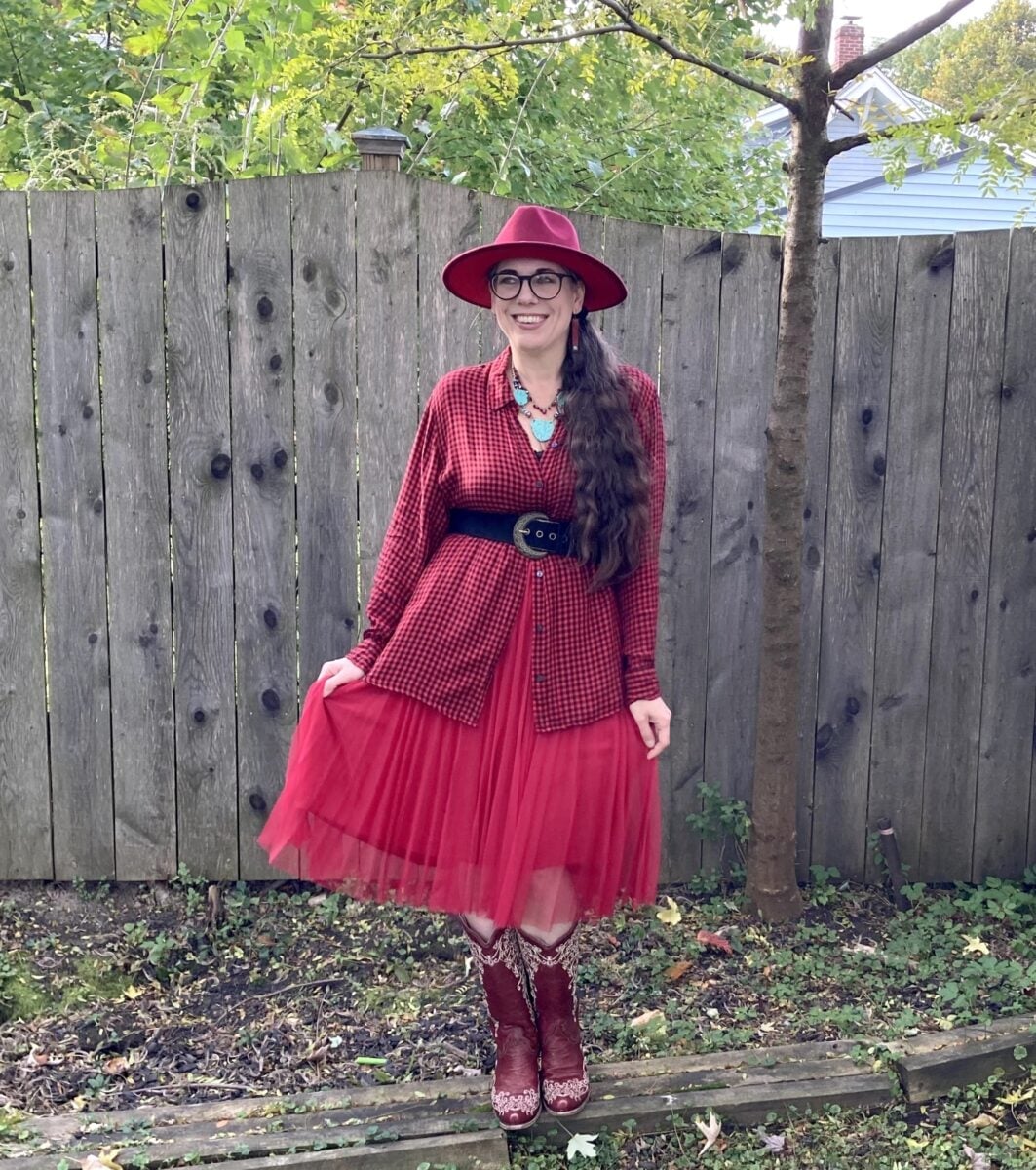 Red Cowboy Boots With Plaid Shirt and Tulle Skirt — Red Cowboy Boots Outfit