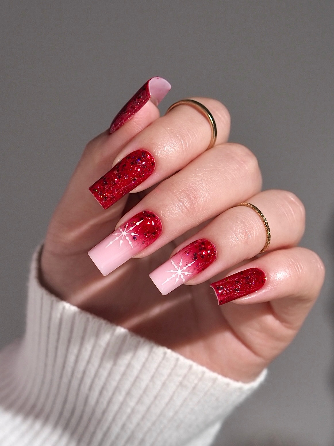 Red Glitter Ombre Snowflake French Nails