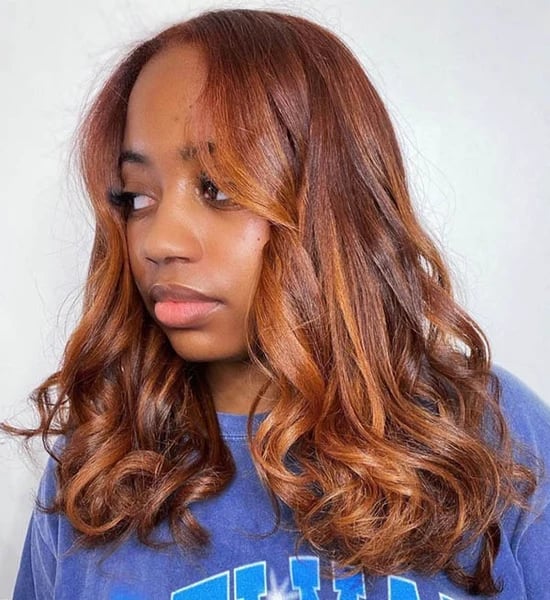 Collarbone Length Copper Brown With Highlights — Red Hair Black Women