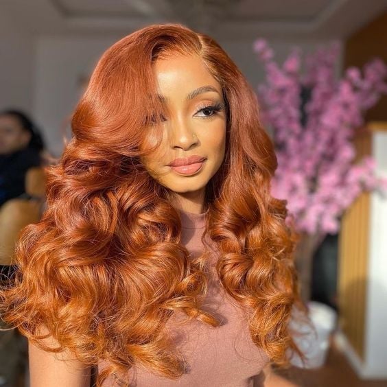 Glossy Copper Red With Curtain Bangs — Red Hair Black Women