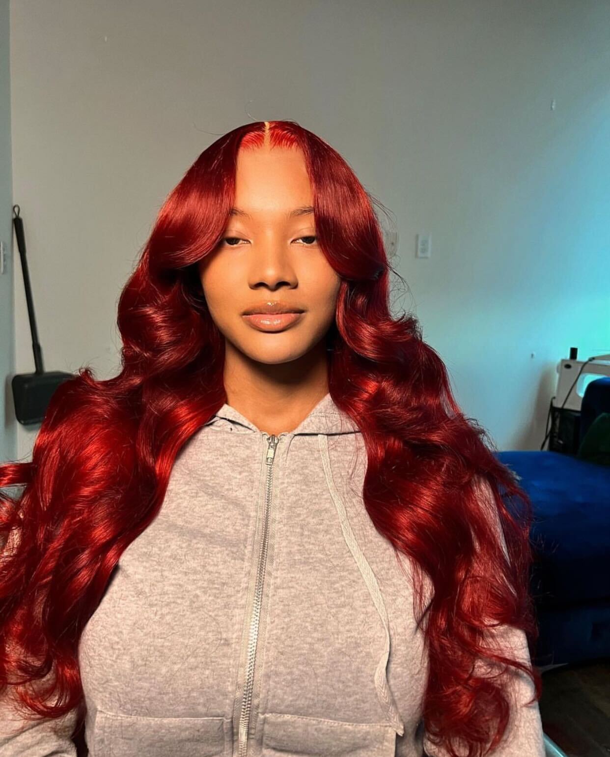 Mid-Back Cherry Red With Curtain Bangs — Red Hair Black Women