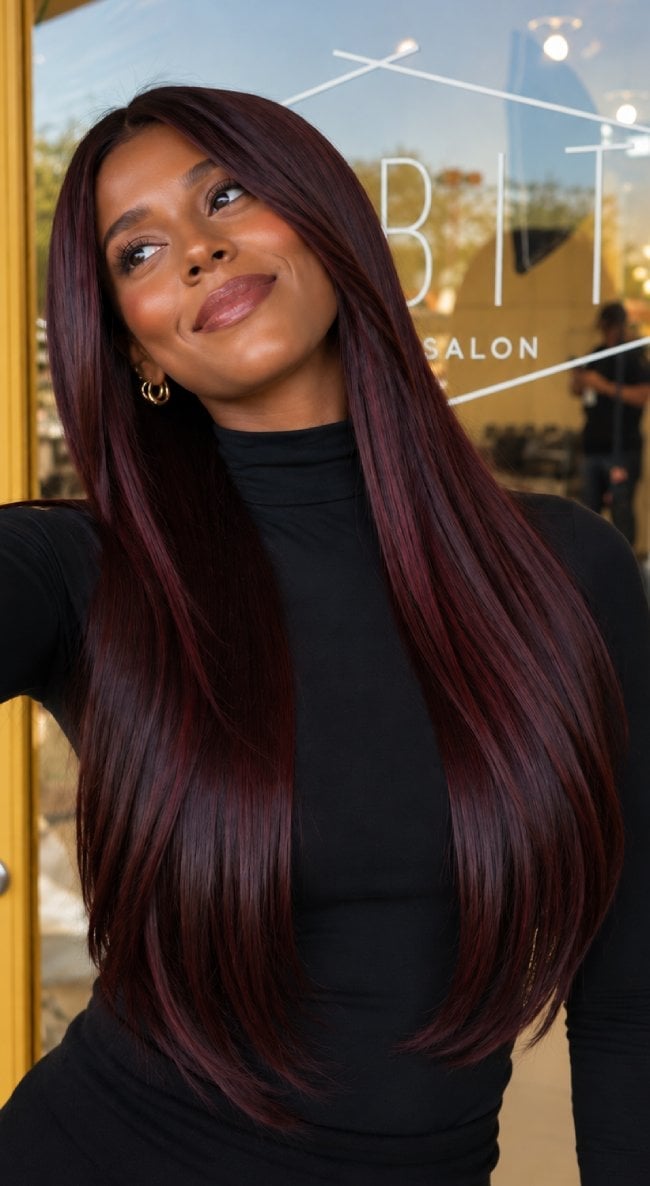 Mid-Back Black Cherry With Ruby Highlights — Red Hair Black Women