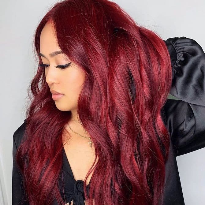 Deep Ruby Red Mid-Back Waves Deep Ruby Red Mid-Back Waves — Red Hair Colors