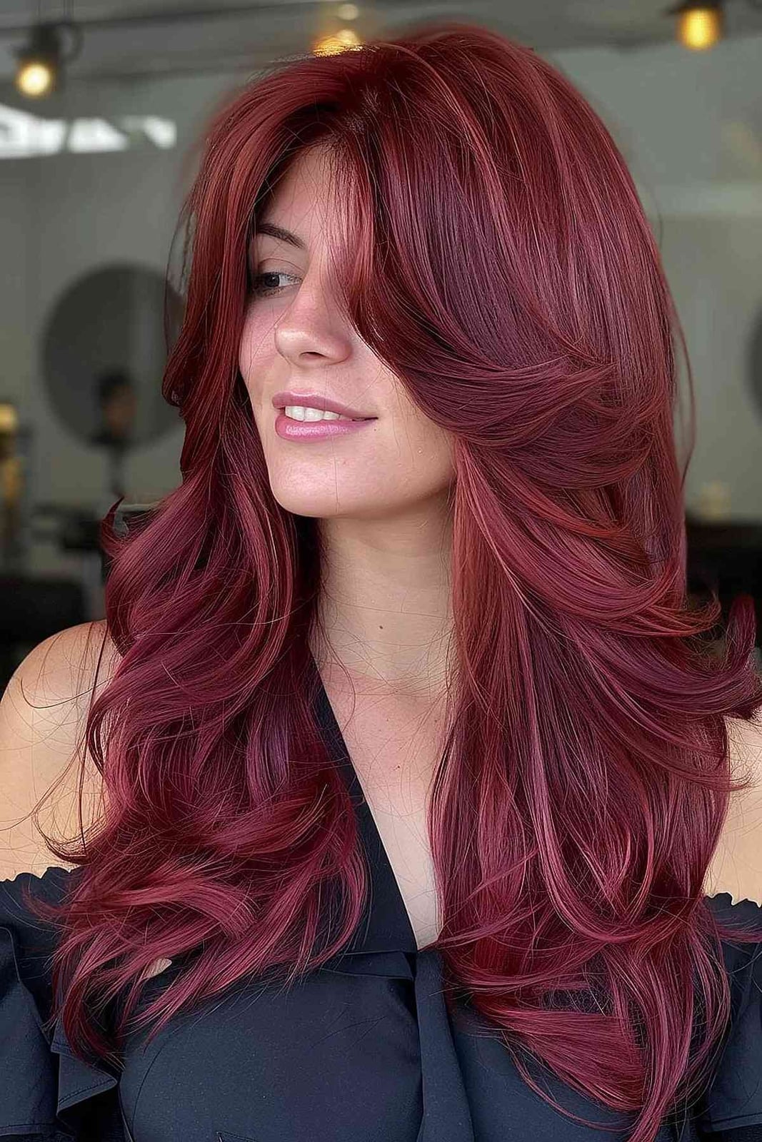 Vibrant Cherry Red Collarbone Layers Vibrant Cherry Red Collarbone Layers — Red Hair Colors