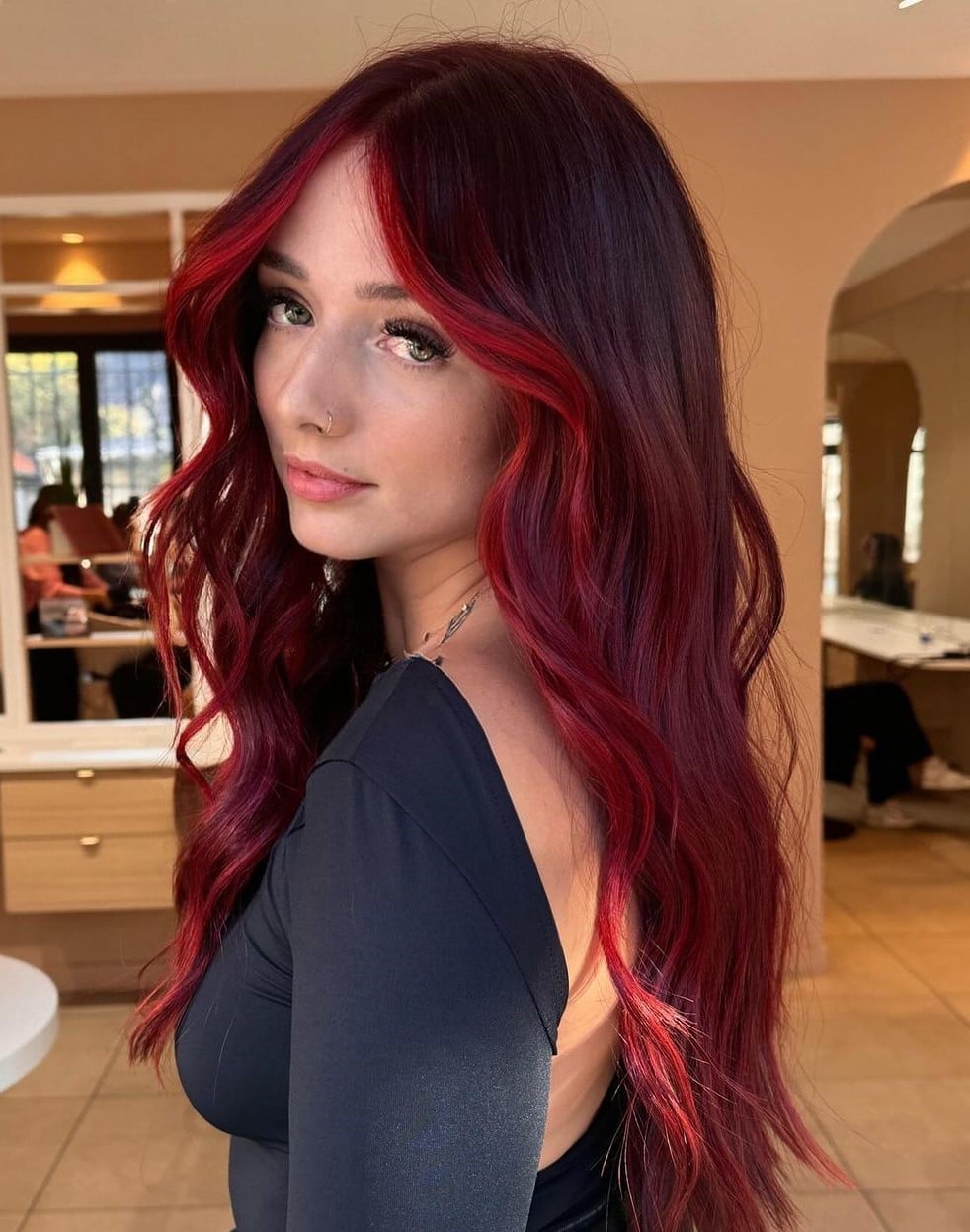 Burgundy Red Long Layers With Curtain Bangs Burgundy Red Long Layers With Curtain Bangs — Red Hair Colors
