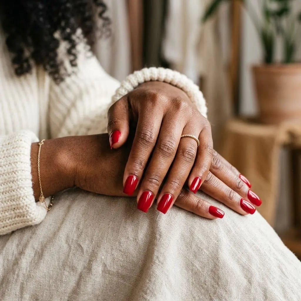 Vibrant Red Glossy Short Square Nails — Red Nails