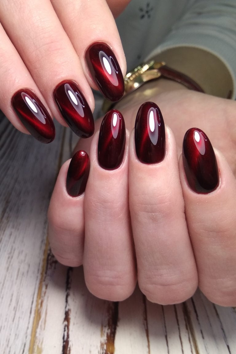Deep Red Dark Undertone Cat-Eye Medium Almond Nails — Red Nails