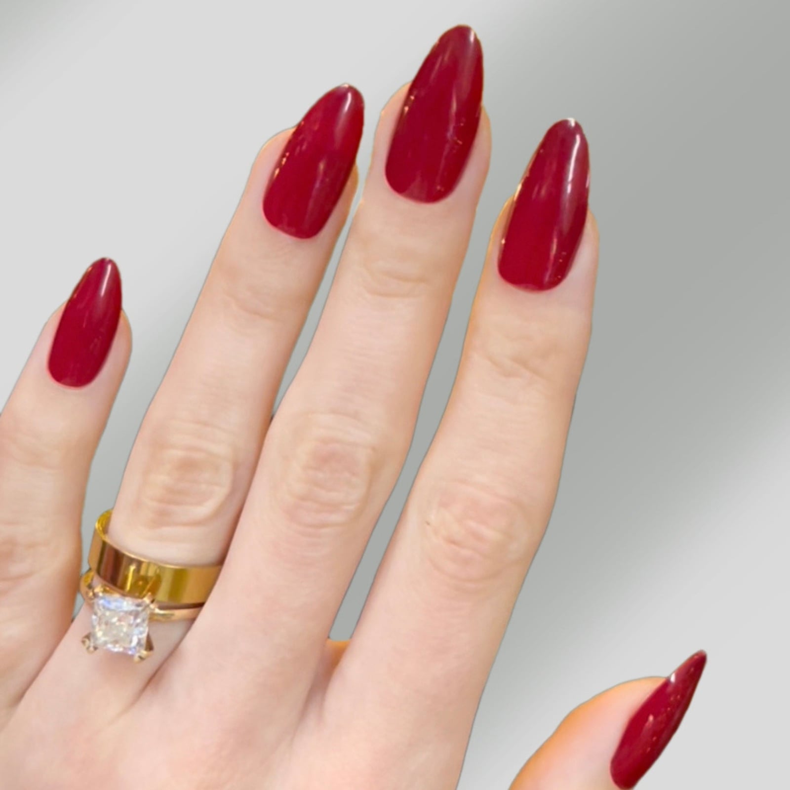 Deep Red Glossy Long Almond Nails with Ring — Red Nails