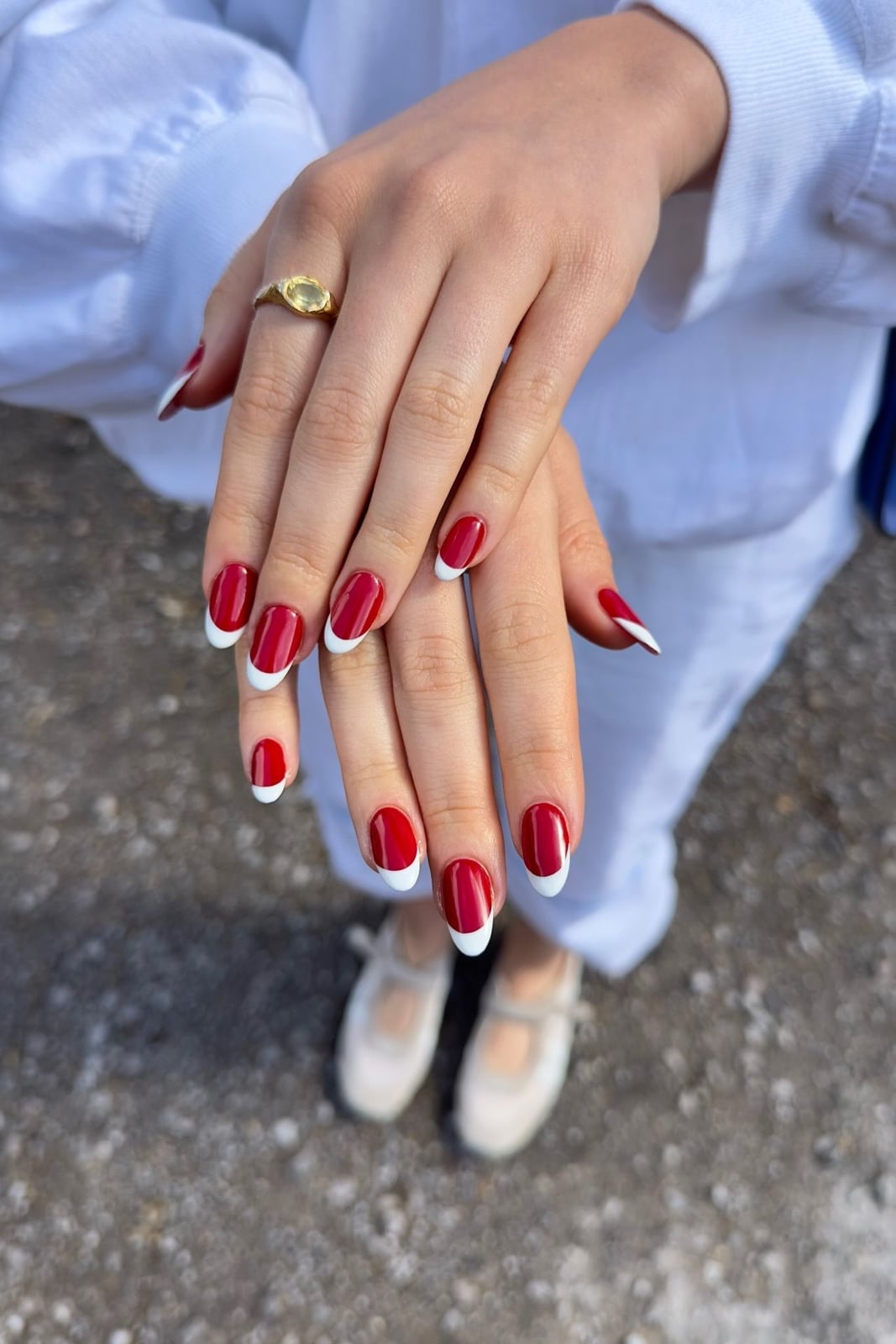 Sheer Nude Bold Red French Tip Short Oval Nails — Red Nails