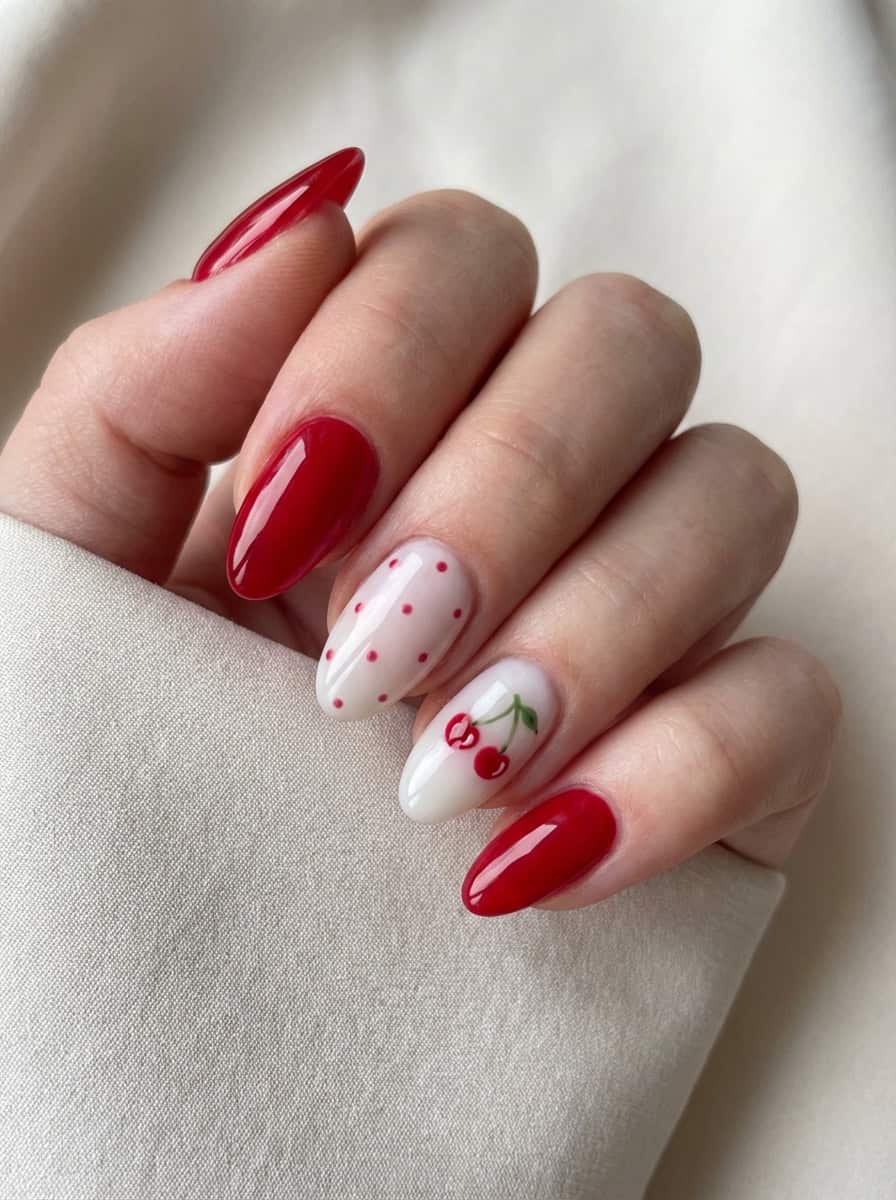 Short Almond Red Polka Dot Cherry Art Nails — Red Nails