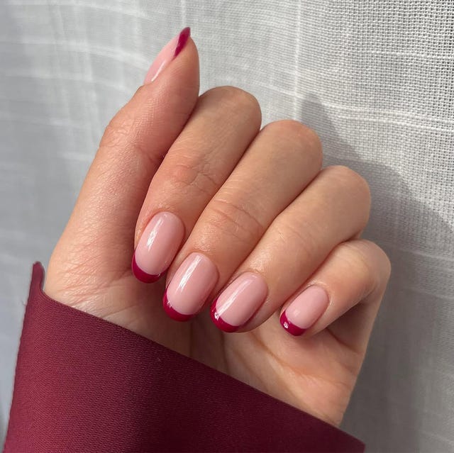 Sheer Milky Nude Deep Red French Tip Short Round Nails — Red Nails