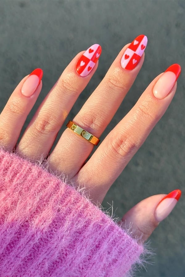 Red Pink Checkerboard Hearts Long Almond Nails — Red Nails