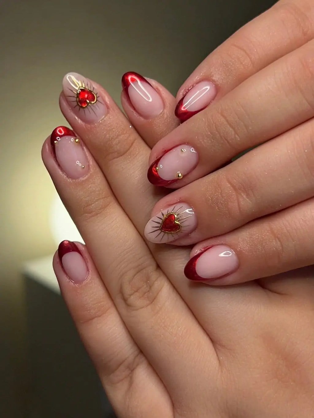 Red French Tip Heart Accent Medium Oval Nails — Red Nails