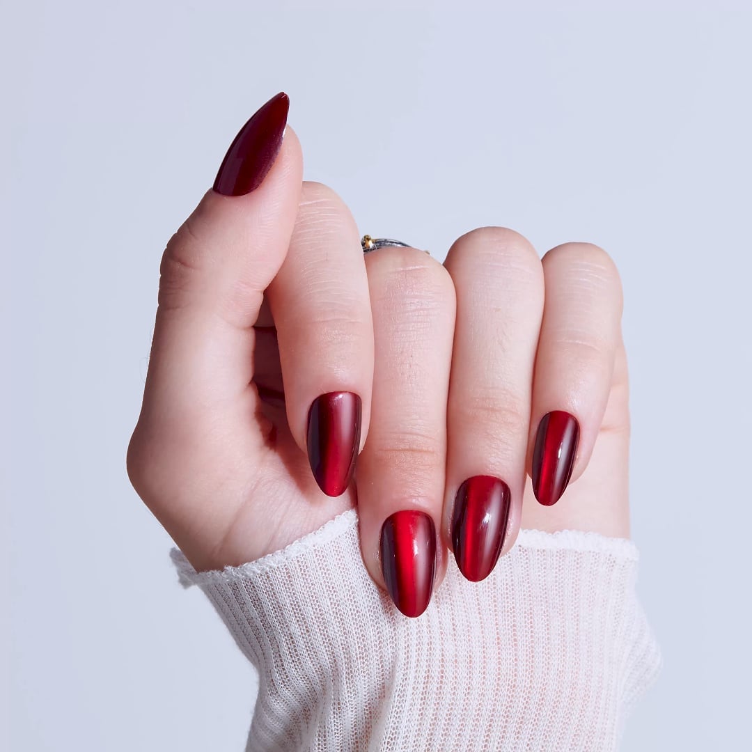 Deep Red Cat-Eye Glossy Medium-Long Almond Nails, Creating A Dynamic — Red Nails