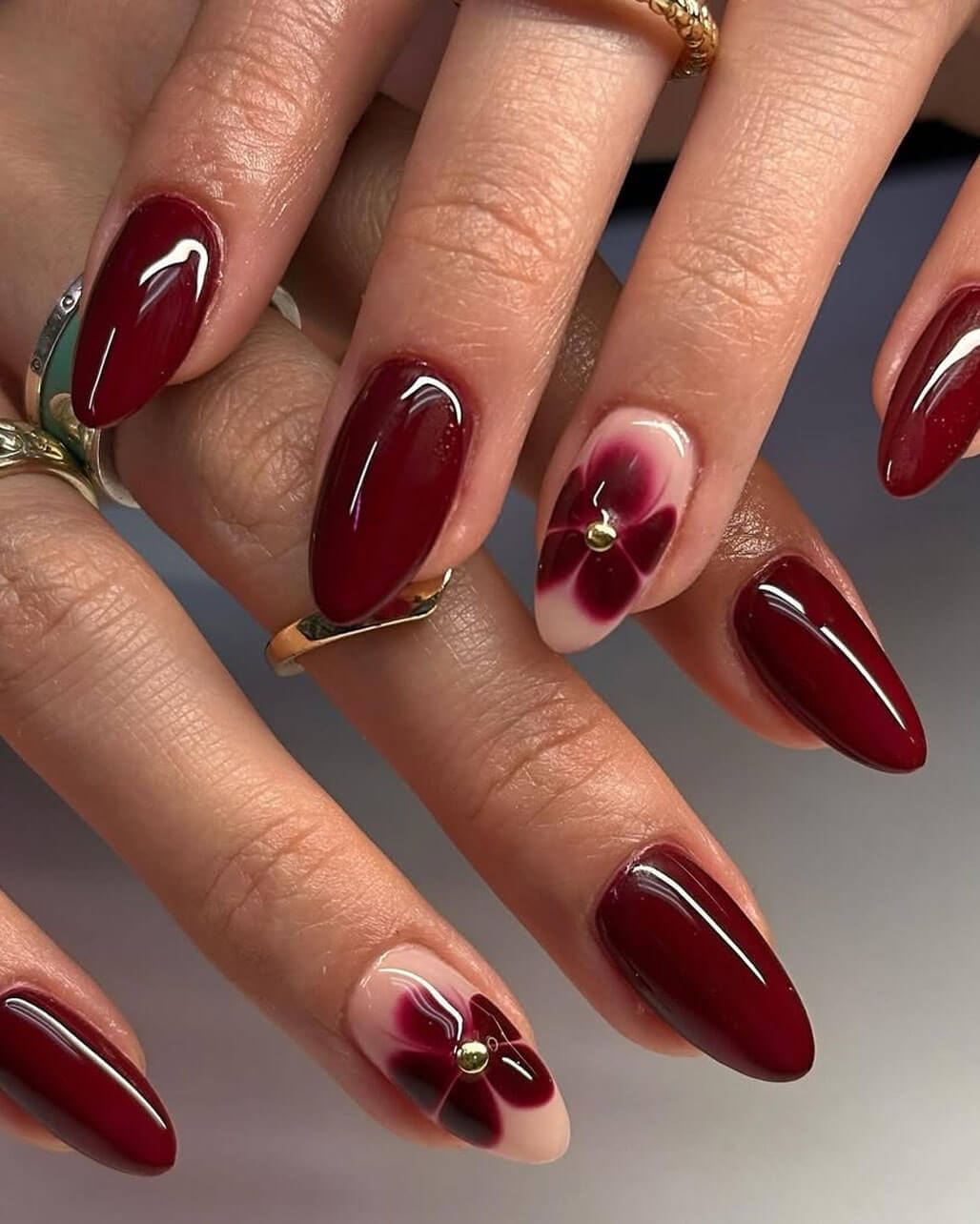 Deep Red French Floral Accent Medium Almond Nails — Red Nails